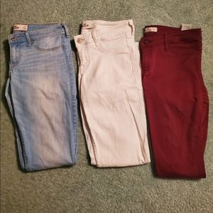 3 pairs Hollister Low Rise Stretchy Skinny Jeans women's 5, Maroon white lt blue